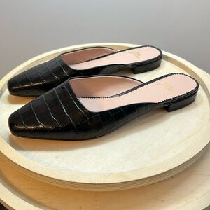 J Crew Carolyn Black Leather Croc Print Flat Mules Size 8